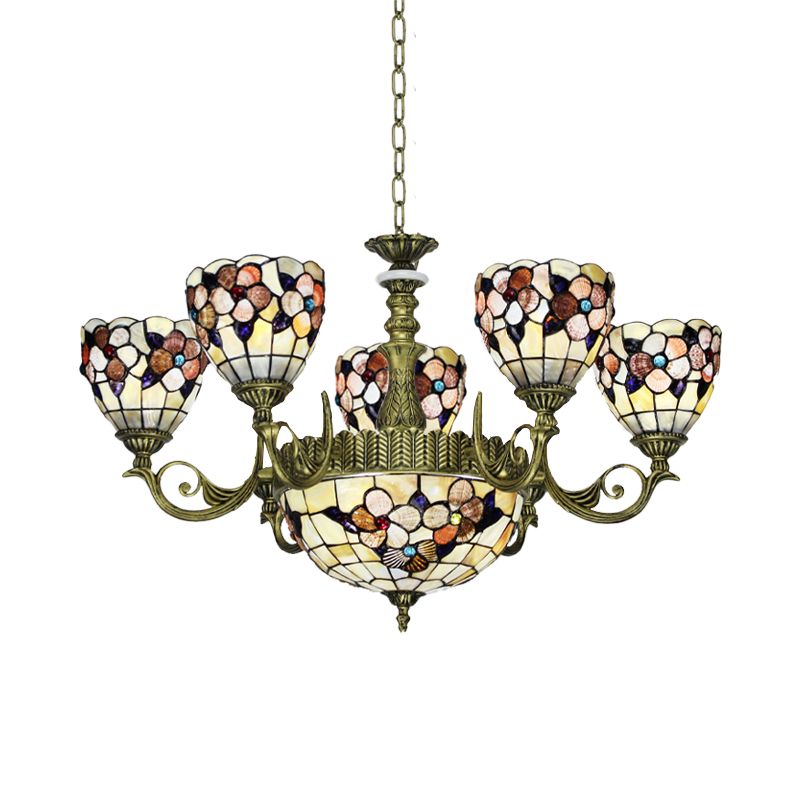 9/11 Lights Bedroom Ceiling Chandelier Tiffany Beige Flower Patterned Suspension Lamp with Bowl Shell Shade