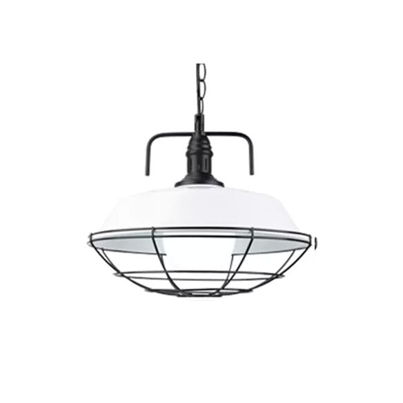 Metal Barn Pendant Light Fixture Industrial 14"/18" W 1 Light Living Room Hanging Lamp with Cage in Black/White