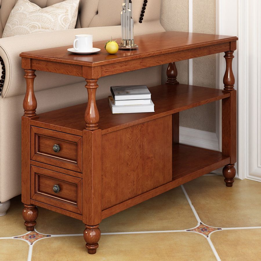 4 Legs Side Table Modern Wood Gold 2-Drawer Side End Snack Table