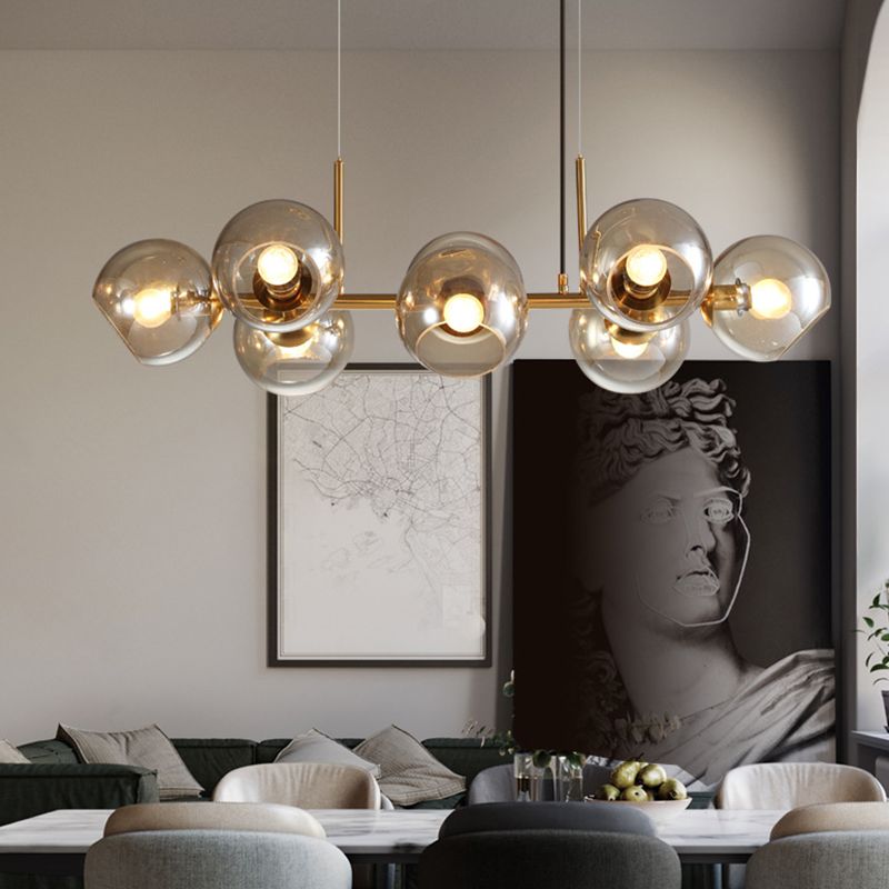 8 Light Mid-Century Gold Metal Island Pendant Lighting Spherical Glass Island Ceiling Light for Dining Table