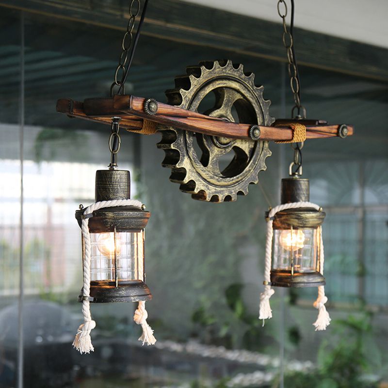 2 Lights Ceiling Light Coastal Kerosene Clear Glass Hanging Chandelier in Bronze with Gear