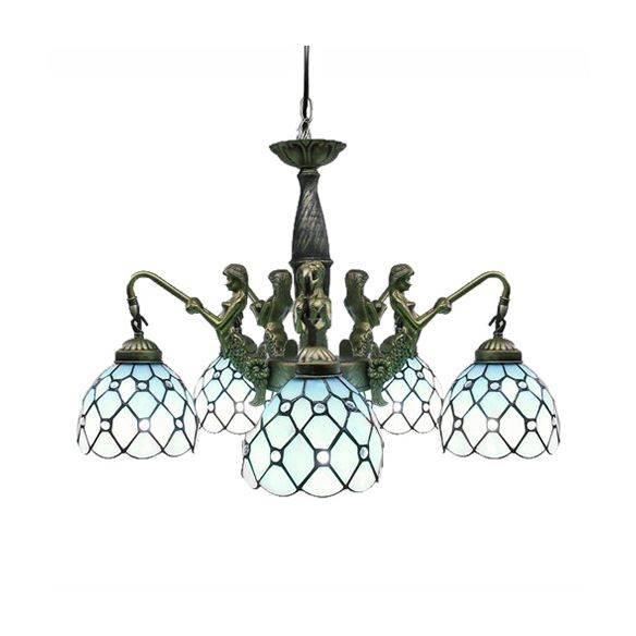 5 Lights Dome Hanging Chandelier Tiffany Blue Cut Glass Pendant Light Fixture with Mermaid Deco