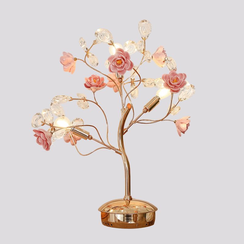 Postmodern Floral Table Lamp 3 Bulbs Crystal Night Light in Pink with Branching Design