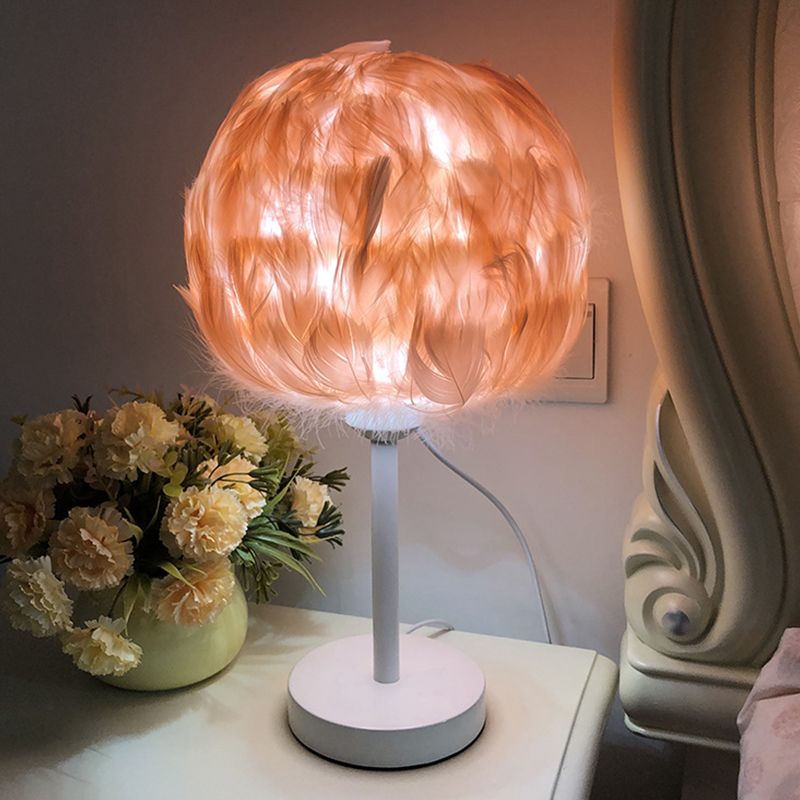 Handmade Sphere Feather Table Light Nordic Style 1-Light White/Pink/Rose Red Nightstand Lamp with Plug-in Cord