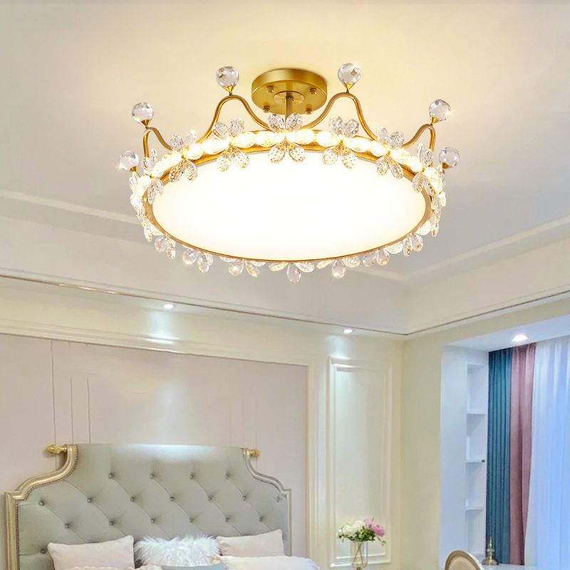 Gold LED Semi Flush Mount Chandelier Metal Ceiling Semi Flush with Crystal Accents