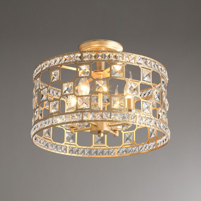 Vintage Hollowed Out Drum Semi Flush 3/4 Heads Crystal Embedded Flush Mount Ceiling Light Fixture in Gold