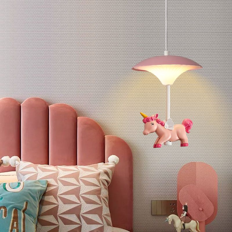 Pink Mushroom Ceiling Lamp Kid LED Metal Hanging Light Fixture with Cartoon Figurine for Bedroom