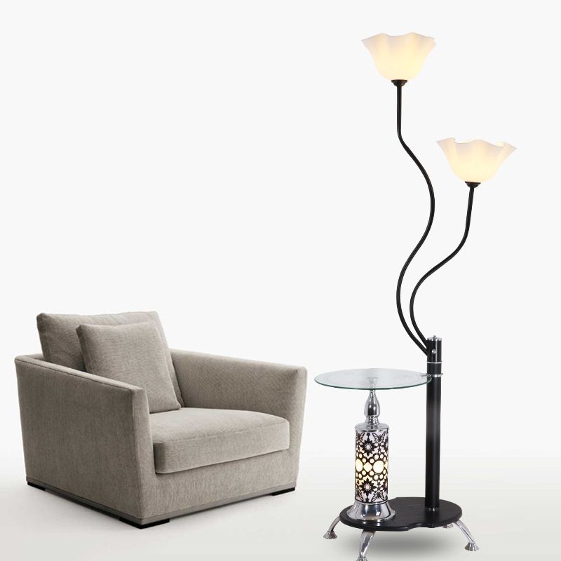 3 Bulbs Open-Top Flower Floor Light Country Black Frosted Glass Standing Floor Lamp with Tray