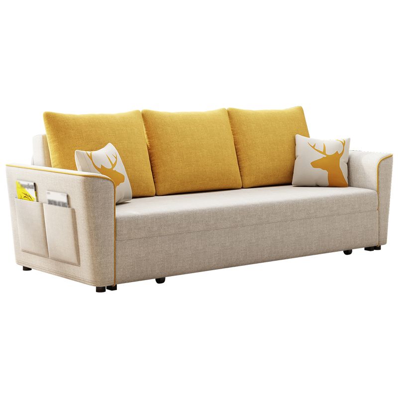 Cream Color Contemporary Linen Square Arm Sofa Bed Standard Sofa for Living Room