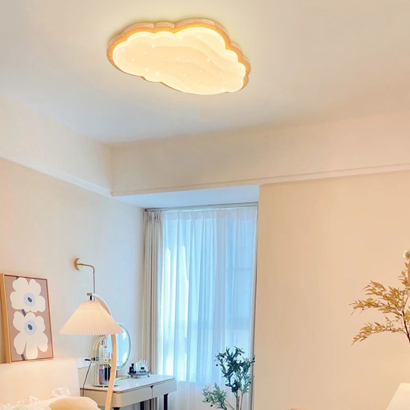 LED Modern Wood Flush Mount Cloud Shape Ceiling Light with Plastic Shade for Living Room