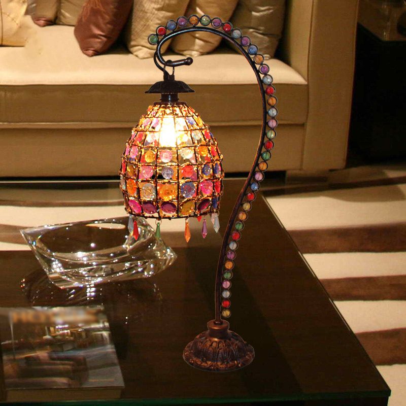 Beaded Bell Living Room Table Lamp Bohemian Style Stained Glass Single Copper Gooseneck Night Light