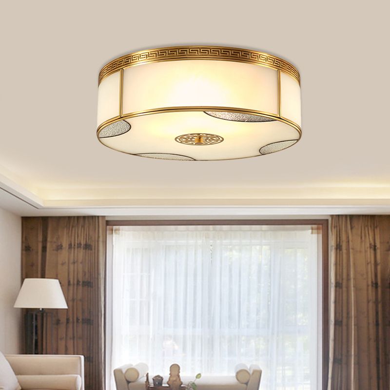 14"/18" Wide 3/4-Light Flush Mount Fixture Traditional Drum Frosted Glass Flush Ceiling Lighting in Brass