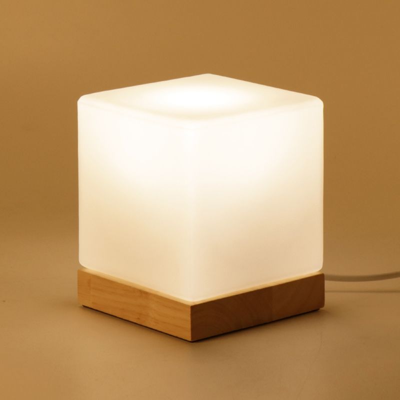 Contemporary Style Wood Desk Lamp White Glass Shade Table Light for Cafe Shop