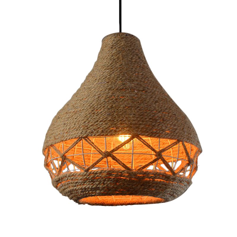 Teardrop Rope Hanging Light Countryside 1-Bulb Restaurant Ceiling Pendant Lamp in Beige