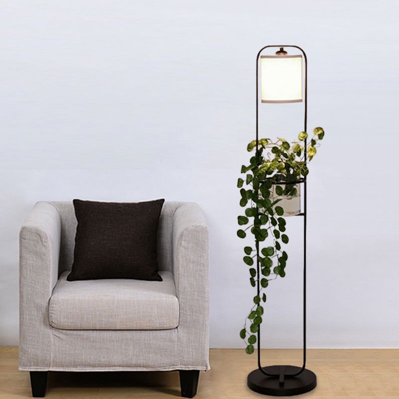 Black 1/2-Light Floor Lighting Warehouse Fabric Drum Floor Standing Lamp with Clear Glass Pot Deco