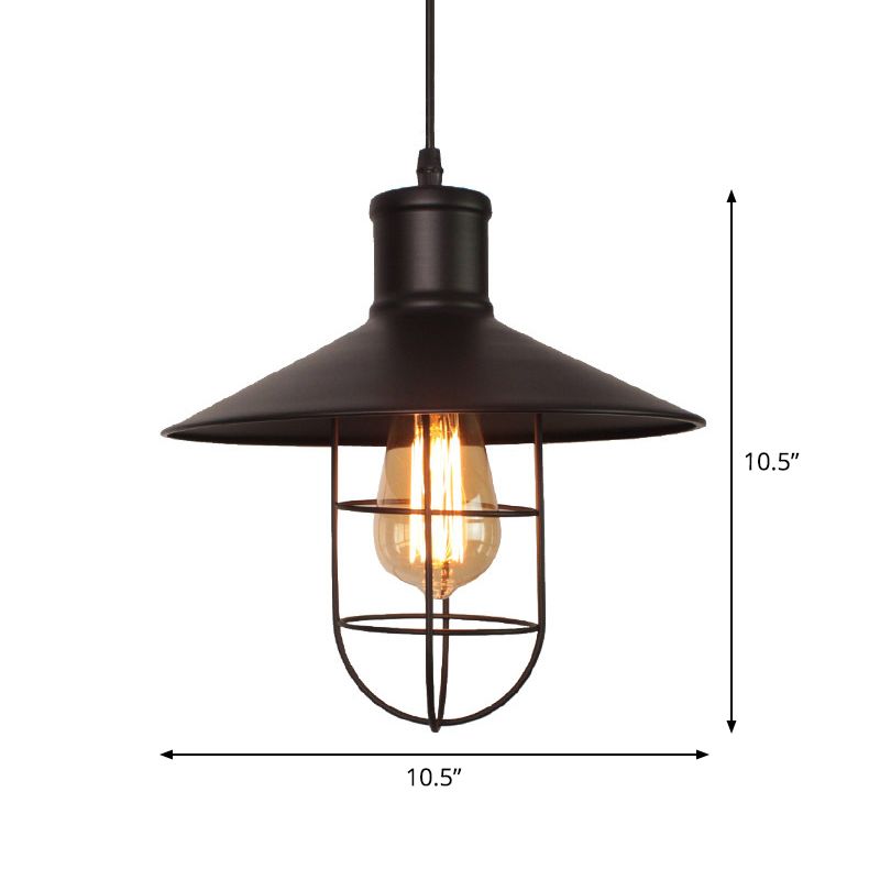 Industrial Saucer Shade Pendant Lamp 1 Head Metal Hanging Light Fixture with Cage Bottom in Black