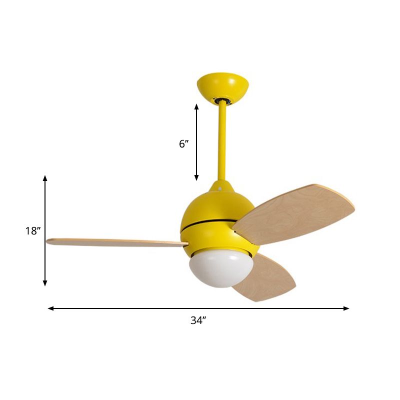 Modernist Bowl Metal Fan Light LED Semi-Flush Mount in Pink/Yellow/Green with 3 Wood Blades for Living Room, 34" Width