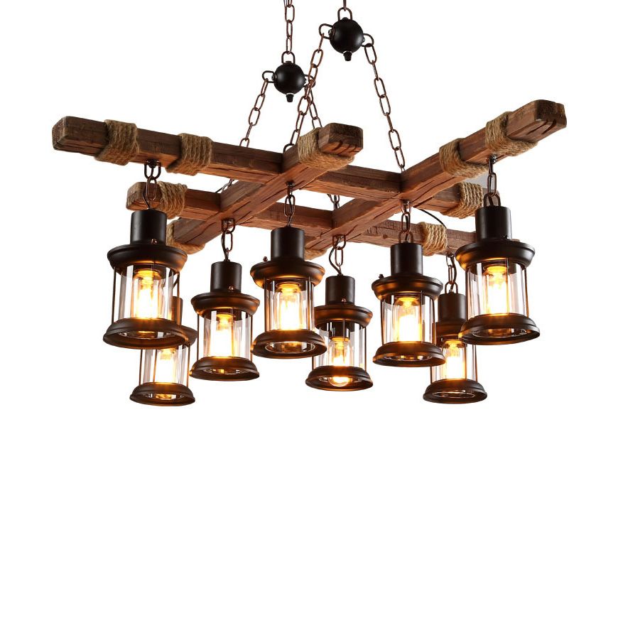 Black Lantern Chandelier Lamp Retro Industrial Clear Glass Multi Light Coffee Shop Hanging Light with Wood Frame