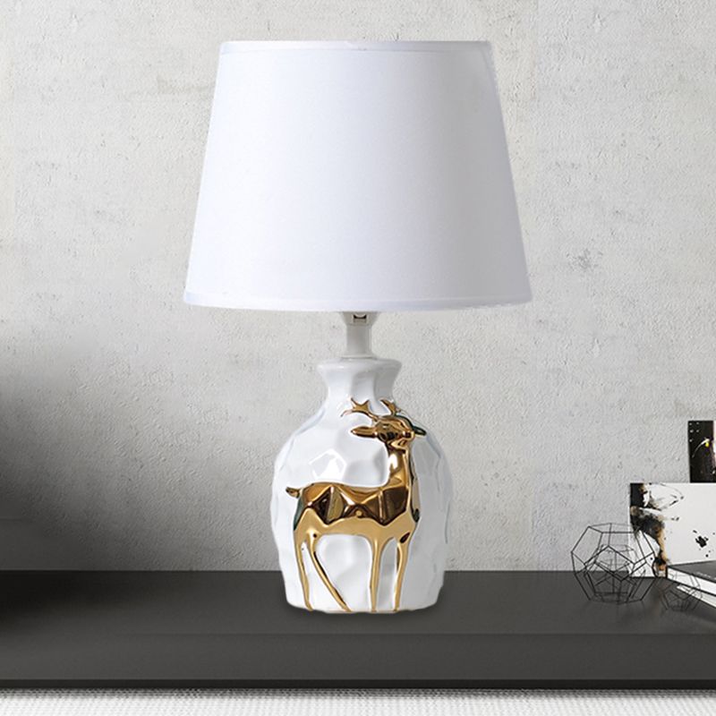 1-Bulb Tapered Desk Light Countryside White Fabric Night Table Lamp with Deer Vase Base, 11"/14"/15" Wide