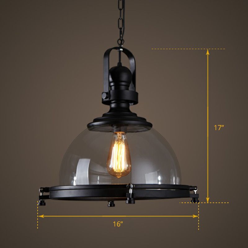 Dome Thickened Glass Hanging Light Simplicity 1 Bulb Restaurant Pendant Light Fixture in Black