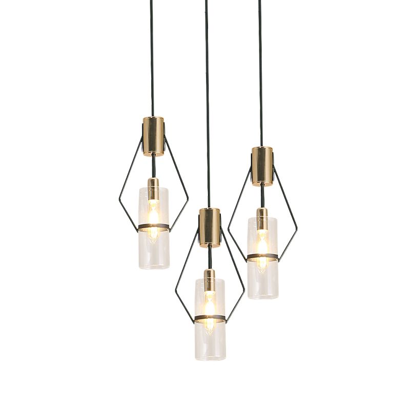 Gold 3-Light Multi Hanging Light Vintage Metal Diamond Frame Pendant Lamp with Tube Glass Shade and Round/Linear Canopy