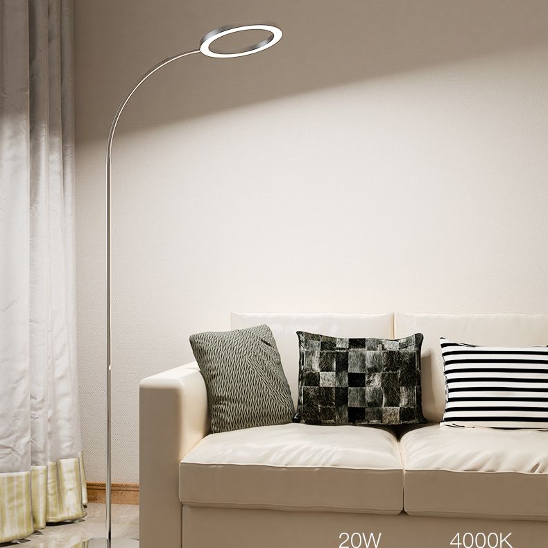 Silver Ring Shade Floor Light Simple Style Metal LED Flexible Stand Up Lamp For Bedroom