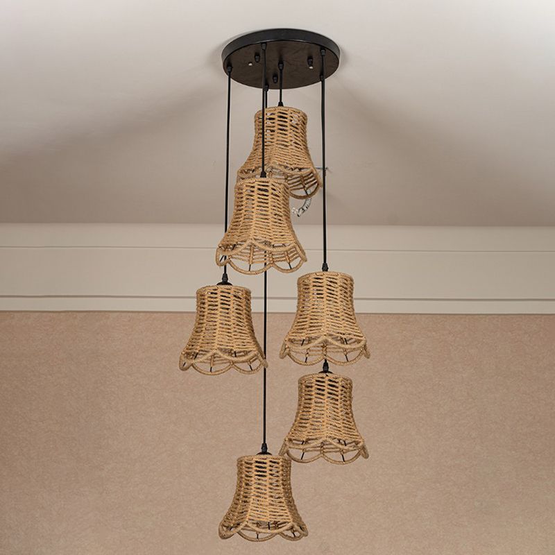 Rural Scalloped Bell Cluster Pendant Light 3/6-Head Rope Wrapped Suspension Lamp in Brown with Round/Linear Canopy