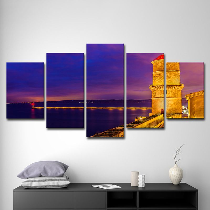 Purple Glam Wall Art Decor Bridge and River Night City Scenery Canvas for Living Room