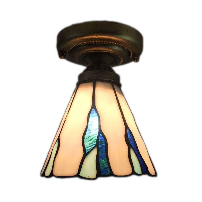 Stained Glass Conical Flush Light Tiffany 1 Light Flush Ceiling Light in White/Beige/Blue-White for Bedroom Lighting