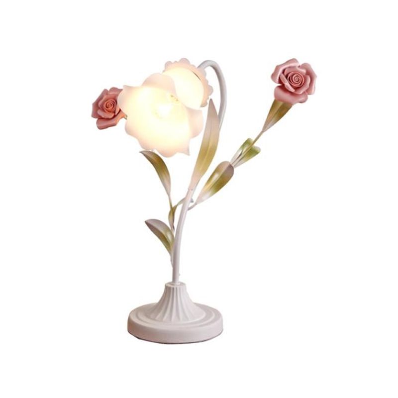 1-Bulb Table Light Korean Garden Dinning Room Night Lamp with Floral Opal Frosted Glass Shade in Red/Pink