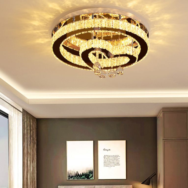 Stainless Steel Round Ceiling Light Contemporary Crystal Semi Flush Mount LED Light