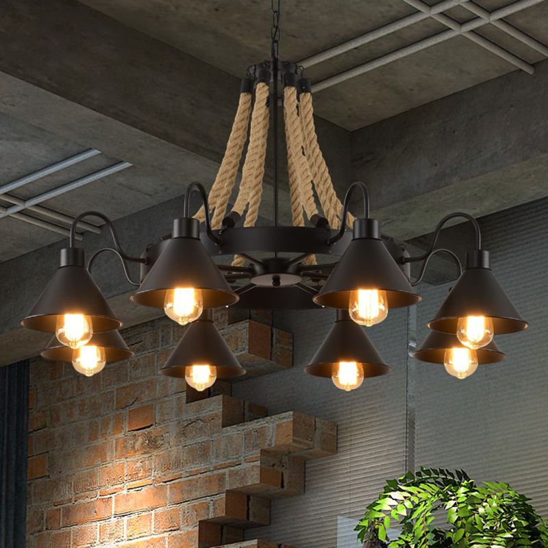 Circle Iron Ceiling Lighting Industrial Restaurant Chandelier Light Fixture with Hemp Rope in Black