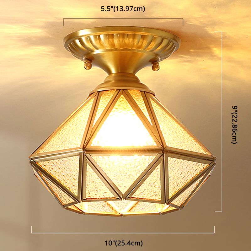 Full Brass European Style Ceiling Light with Glass Shade 1 Light Polyhedron Flush-mount Light for Bedroom