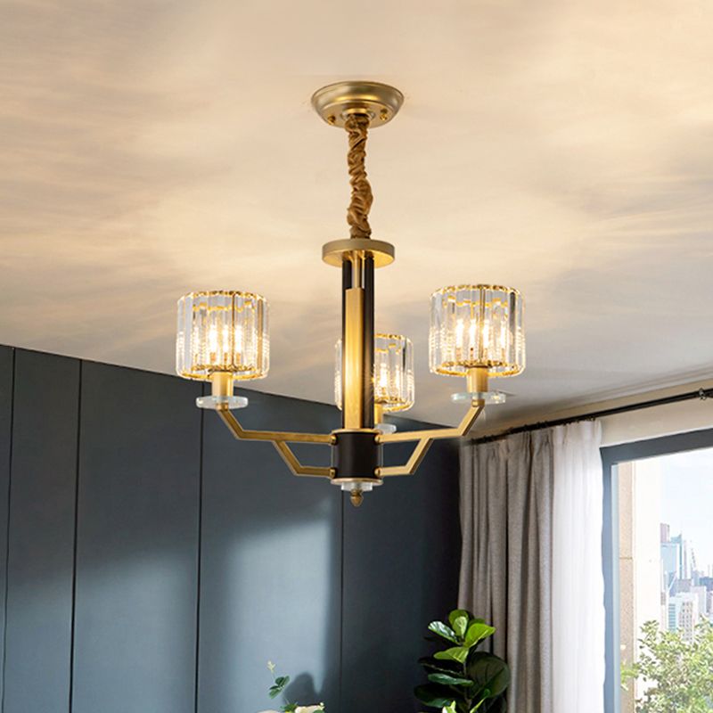 Cylindrical Bedroom Pendant Lighting Hand-Cut Crystal 3/6 Lights Modernism Chandelier in Gold