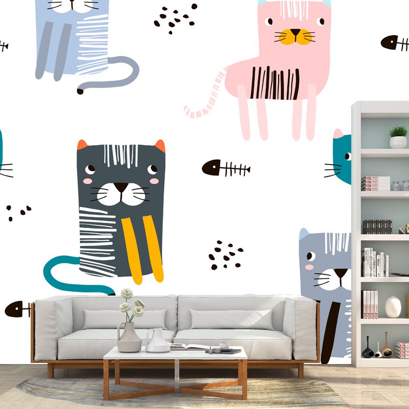 Cat with Fish Bone Mural Childrens Art Washable Bedroom Wall Decoration, Custom Made