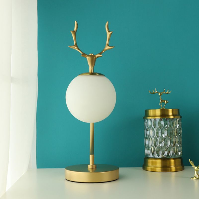 Globe Reading Light Cartoon White Glass 1-Light Black/Gold with Deer Design for Bedroom