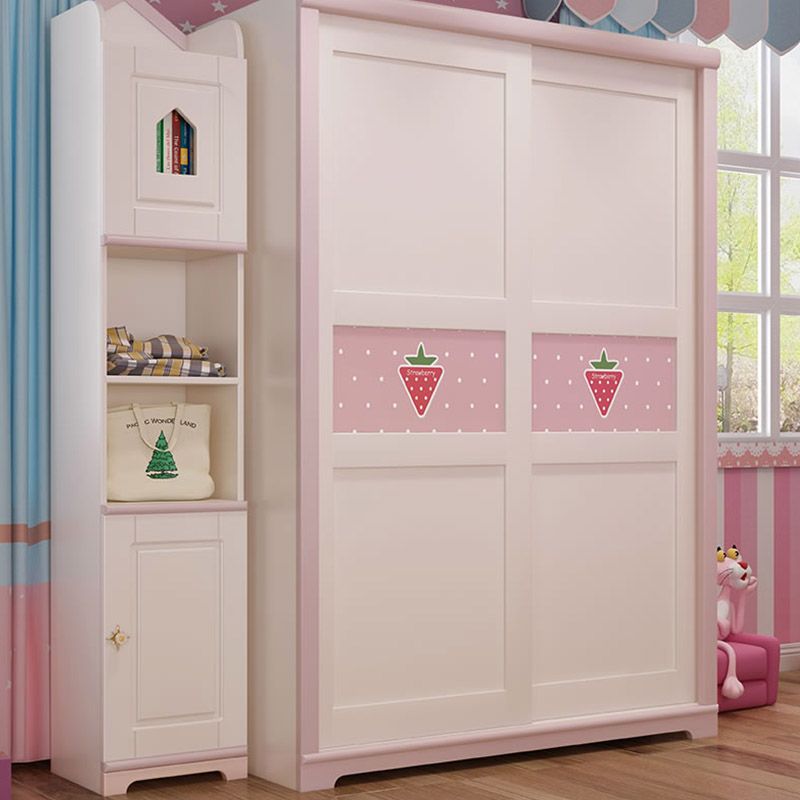 Contemporary Wooden Youth Armoire Pink Bedroom Kids Closet with Sliding Door