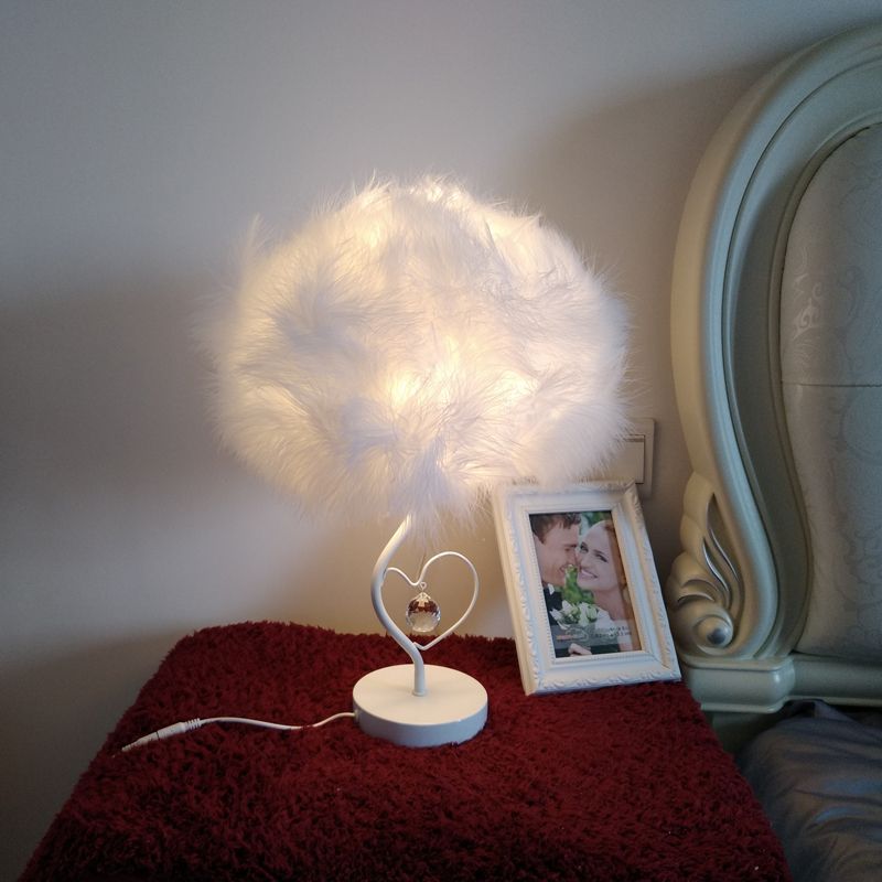 Feather Table Lighting Modernism Fabric 1-Light Bedside Nightstand Lamp in White with Crystal Droplet