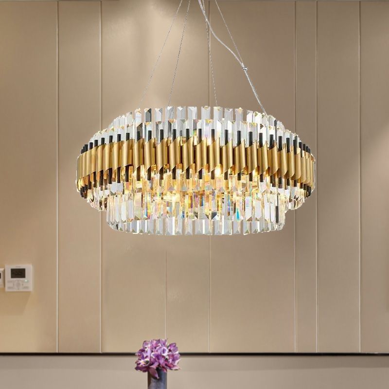 Postmodern 12 Heads Ceiling Pendant Light Gold Drum Chandelier Lamp with Three Sided Crystal Rod Shade