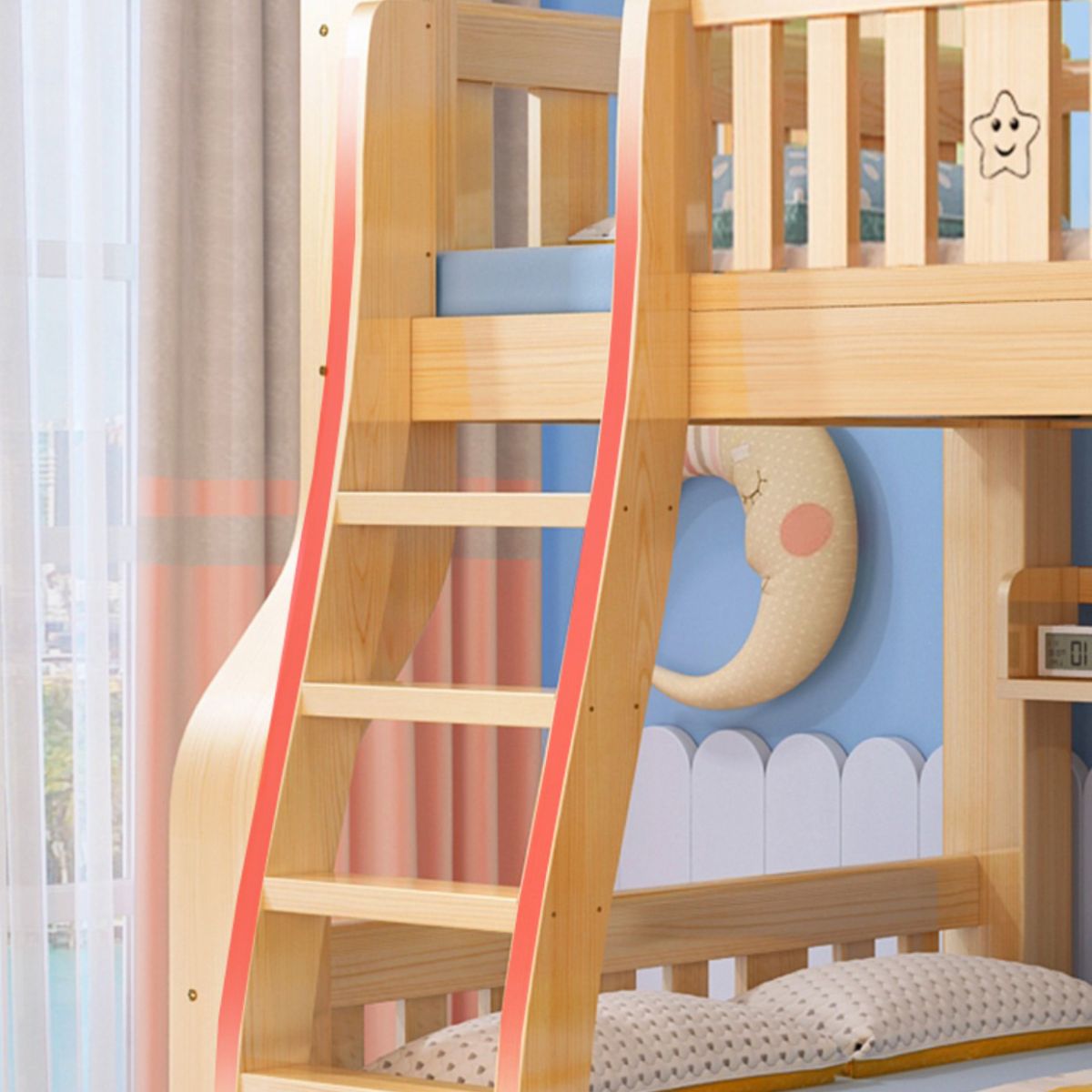 Natural Scandinavian Kids Bed Low Profile Bunk Bed with Drawers