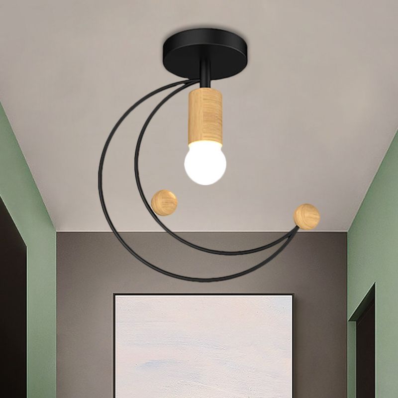 Metallic Crescent Ceiling Light Modernism 1 Bulb Semi Flush Mount Lighting with Wooden Ball Deco in Black/White/Grey