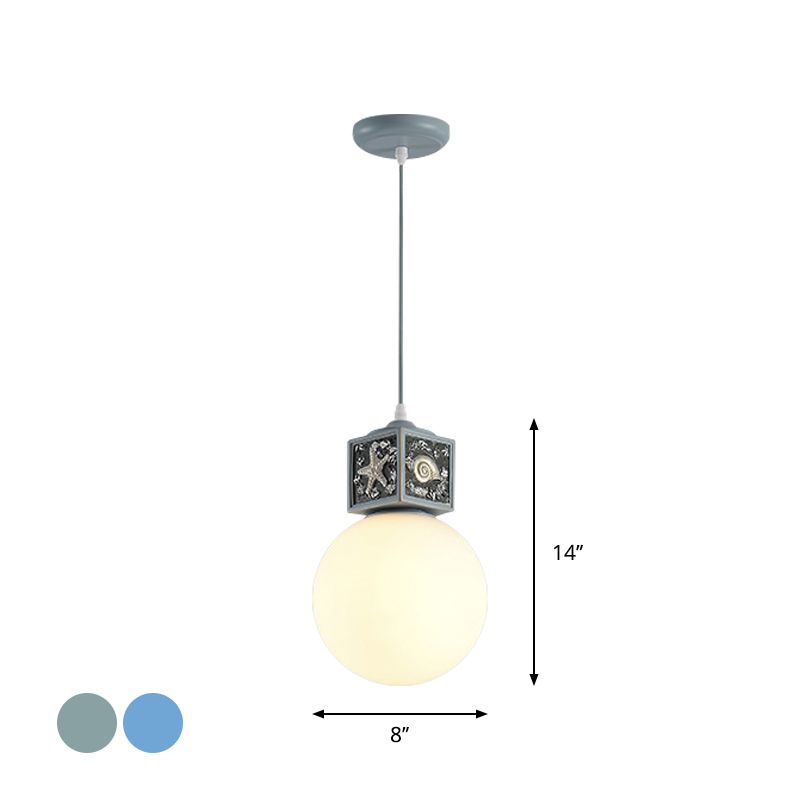 White Glass Ball Hanging Lamp Kit Mediterranean 1 Head Pendant Light Fixture with Conch Cube Deco in Sky/Light Blue