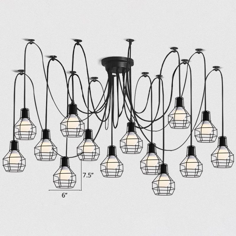 Iron Wire Ball Cage Hanging Lighting Industrial Dining Room Swag Pendant Lamp in Black