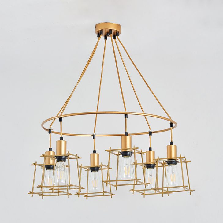 Retro Stylish Ring Chandelier Lighting with Squared Cage Shade 6 Bulbs Iron Hanging Light in Gold