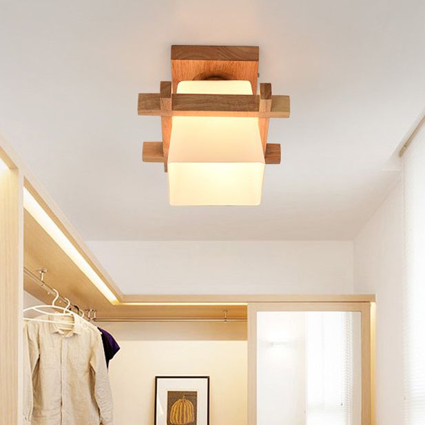 Beige 1 Light Ceiling Lighting Natural Wood Rectangle Semi Flush Mount Lighting for Home Office