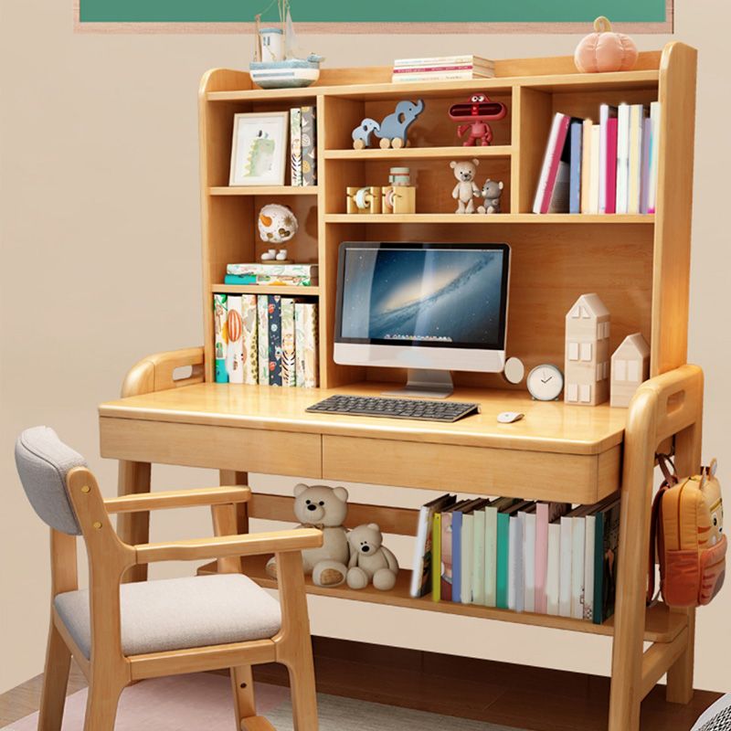 Solid Wood Kids Desk with Shelves 23.6"W Adjustable Child Desk Bedroom