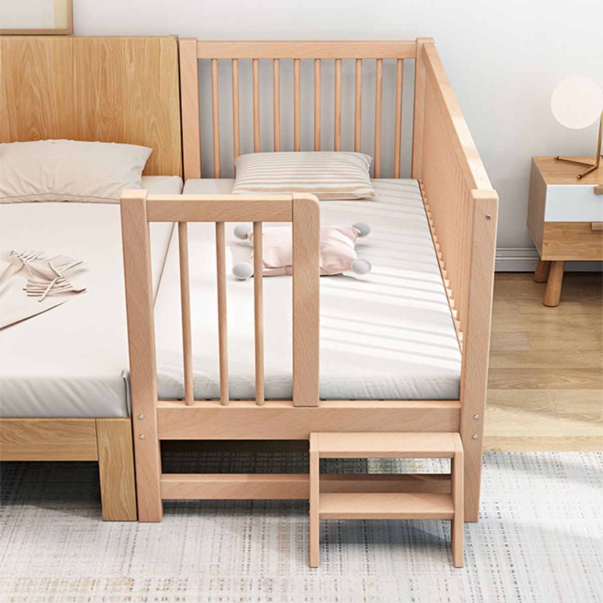 Traditional Nursery Bed Beech Washed Natural with Guardrail Wood Baby Crib