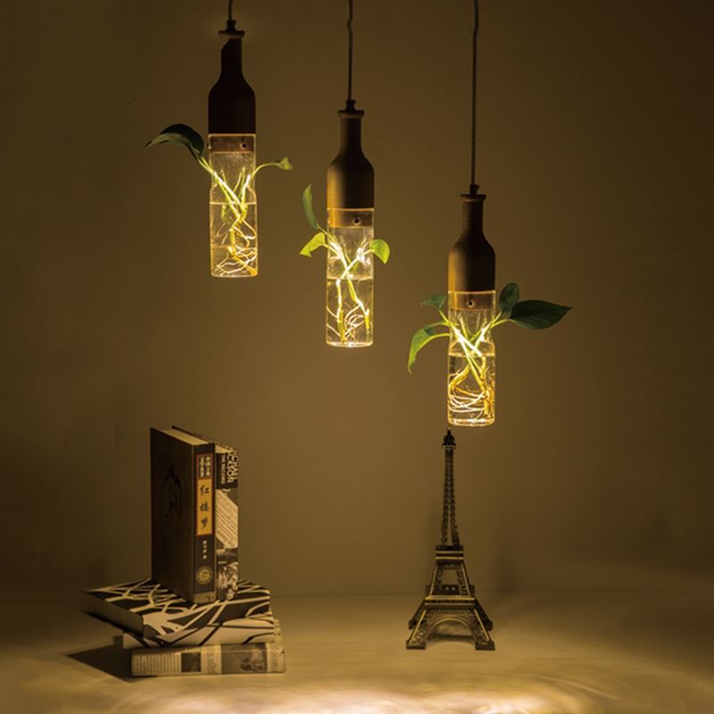 3 Bulbs Clear Glass Multi Light Pendant Industrial Wood Wine Bottle Restaurant Suspension Lighting