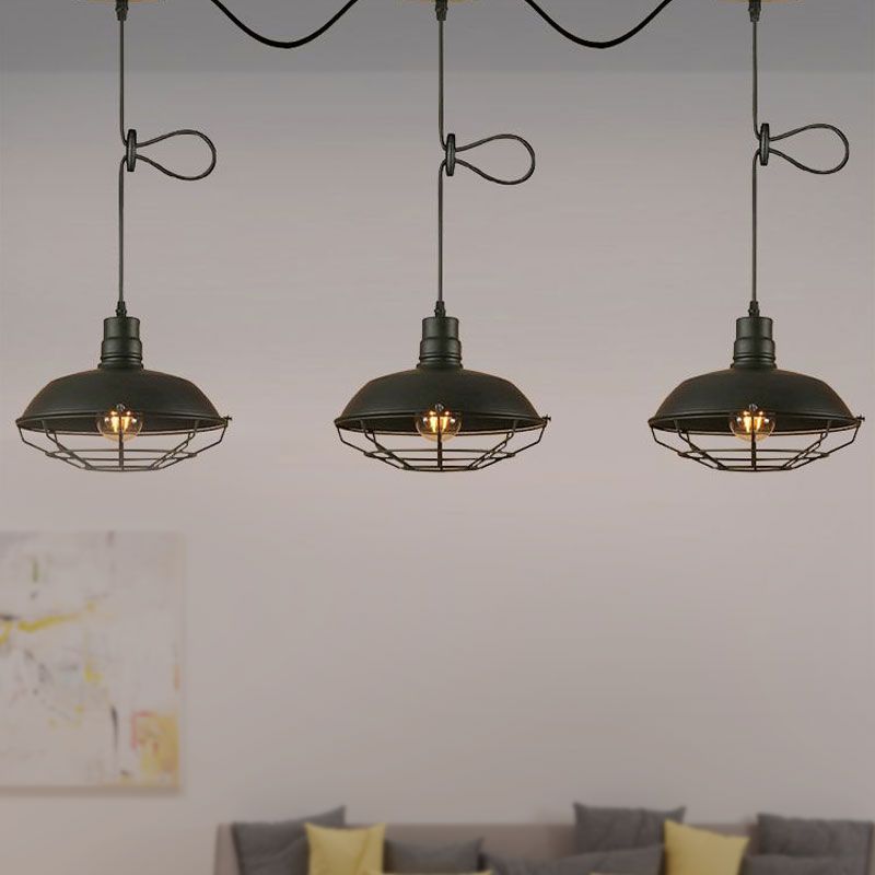 Barn Metallic Hanging Light Industrial Style 3/5 Lights Kitchen Pendant Lamp with Wire Cage in Black Finish