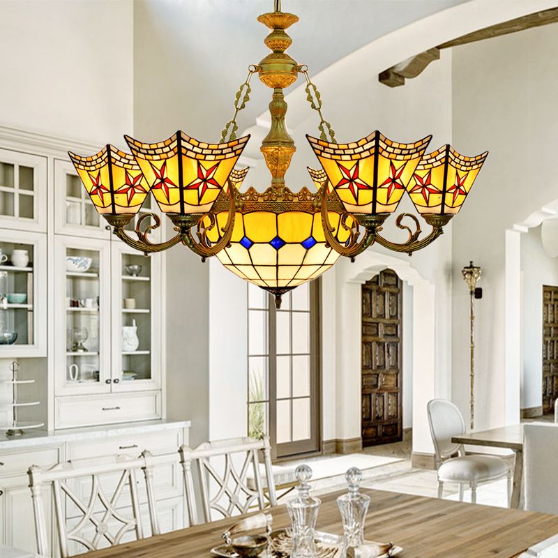 Tiffany Antique Craftsman Chandelier Stained Glass Yellow Pendant Light with Centre Bowl for Hotel